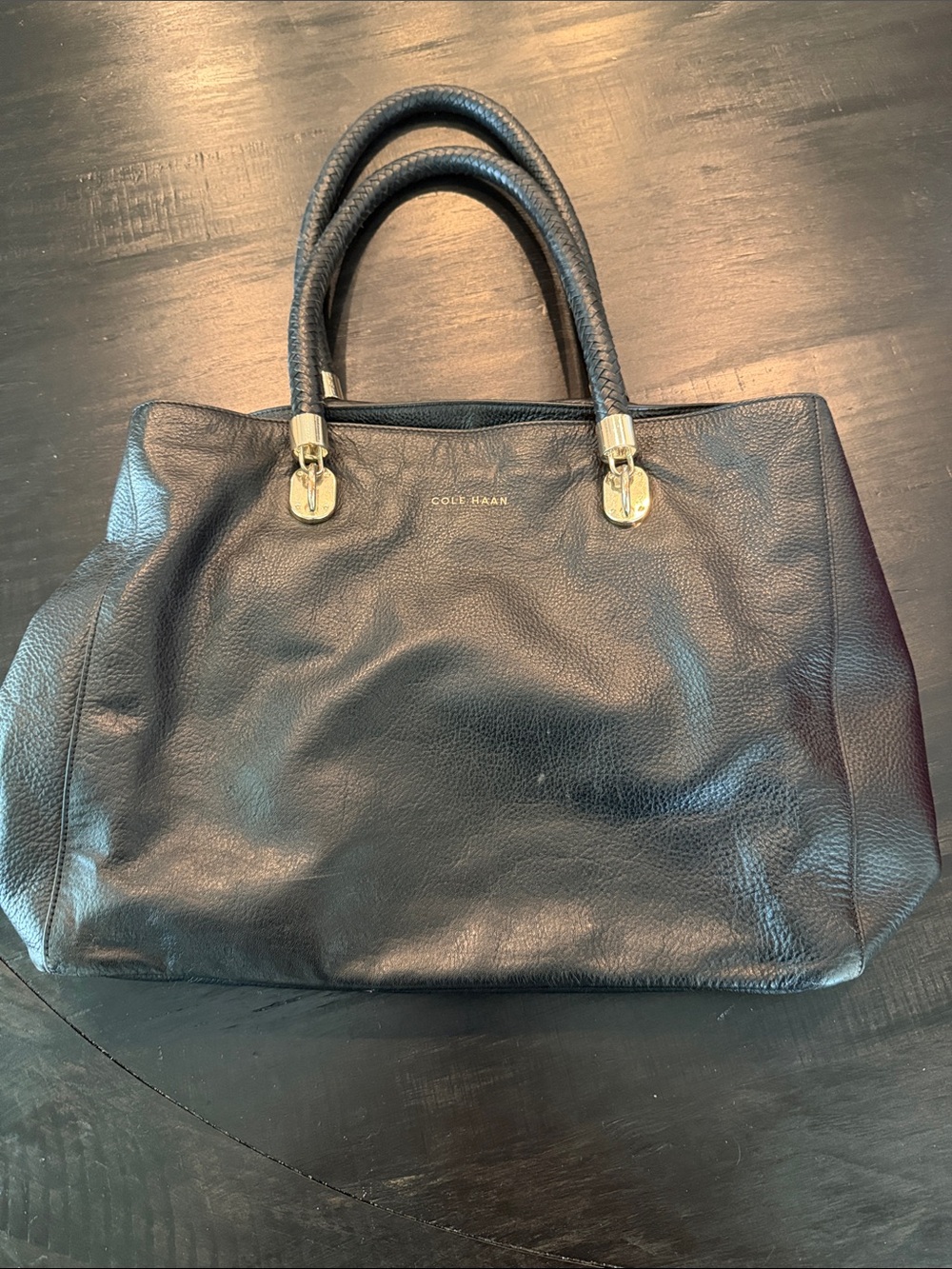 Cole Haan Black Leather Tote with Silver Hardware